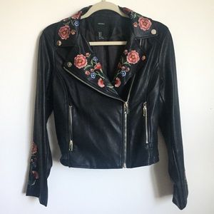 Floral Embroidered Faux Leather Jacket